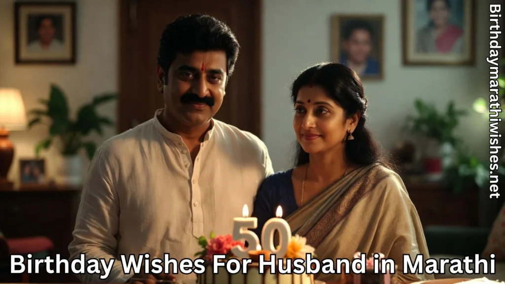50th birthday celebration with wife and birthday wishes for husband in Marathi text