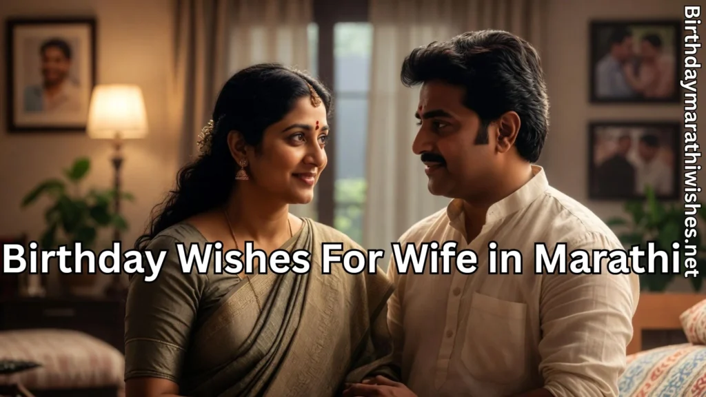 Couple sharing loving moment and birthday wishes for wife in Marathi text
