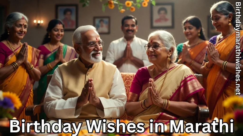 Elderly couple receiving blessings from family on a joyful birthday occasion