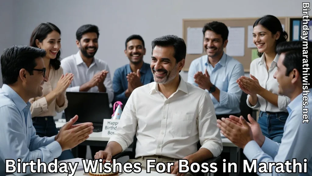 Employees applauding seated boss during office birthday celebration