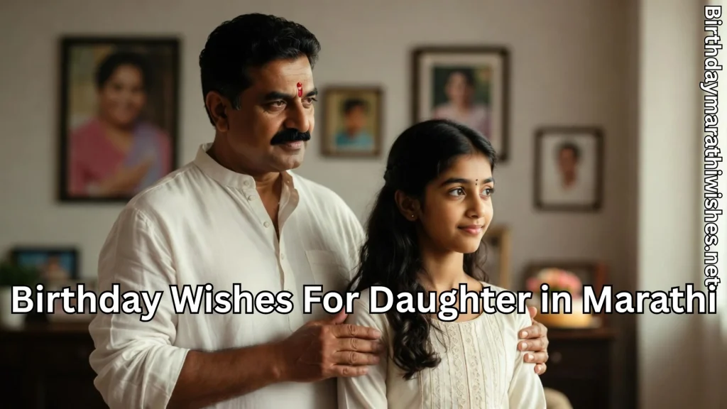 Father standing proudly with daughter with birthday wishes for daughter in Marathi text
