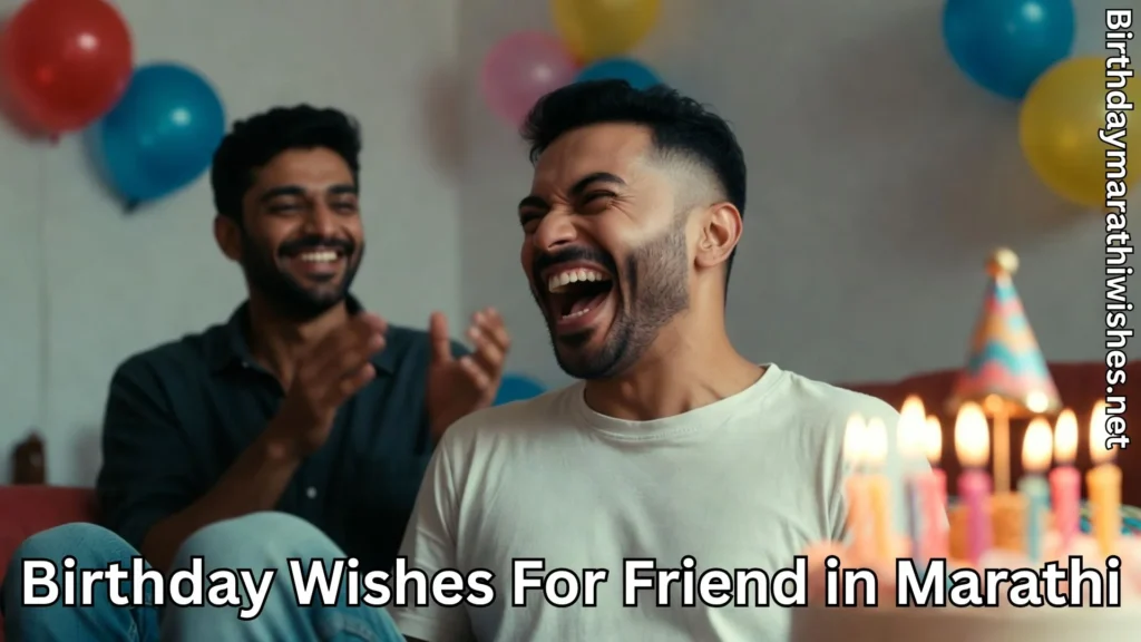 Friend laughing during birthday party and birthday wishes for friend in Marathi text
