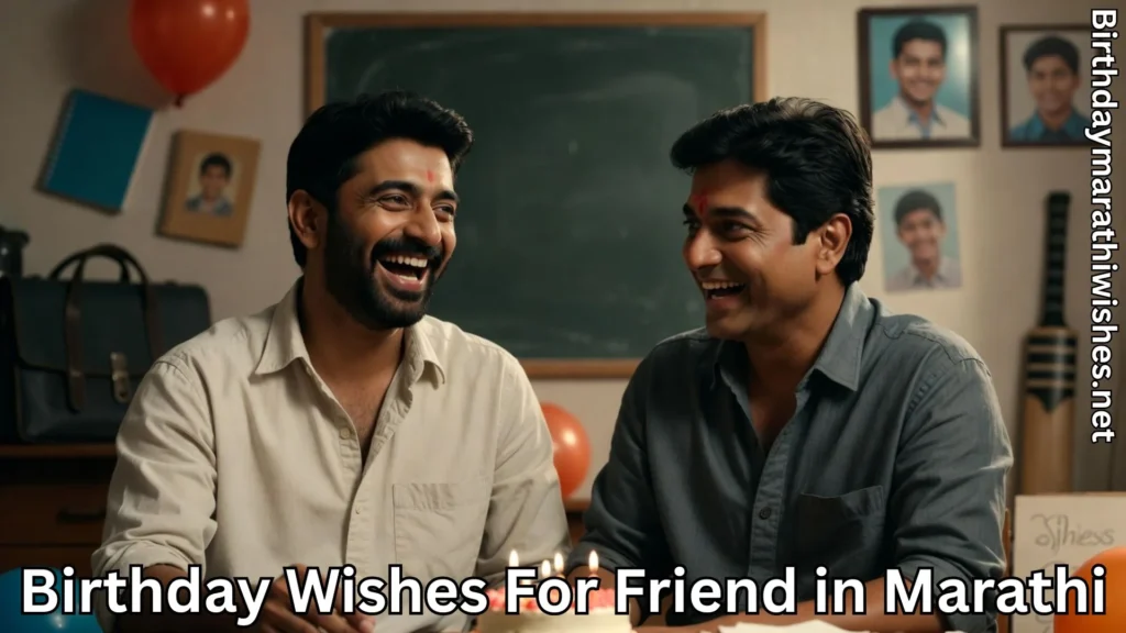 Friends smiling and chatting near birthday cake and Birthday Wishes for friend in Marathi