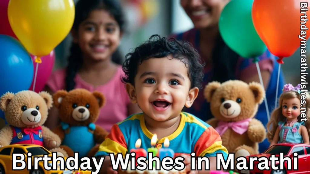 Happy baby with balloons and toys enjoying Birthday Wishes in Marathi celebration