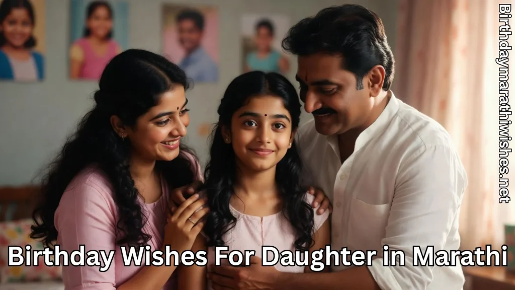 Happy parents hugging smiling daughter at home birthday celebration