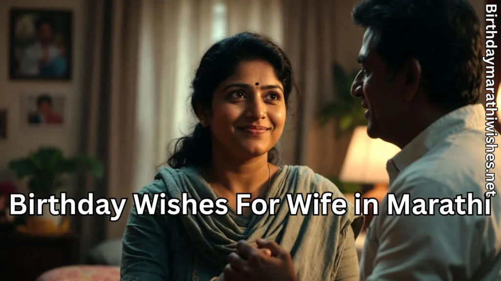 Husband holding wife hands with love and birthday wishes for wife in Marathi text