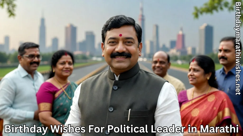 Indian political leader standing confidently with supporters and city background