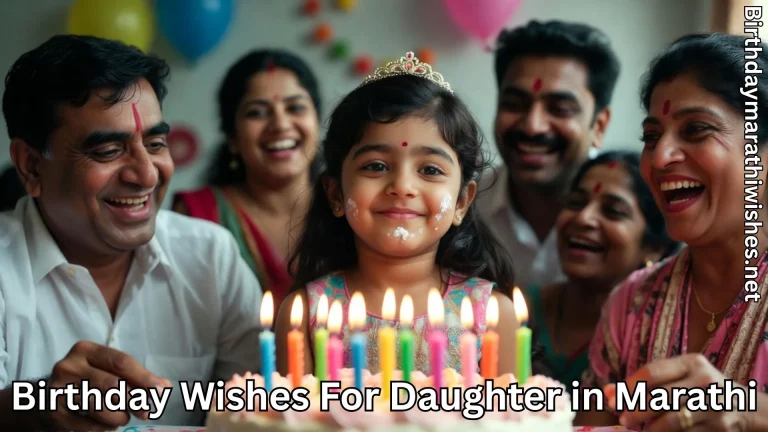Little girl with cake and family with birthday wishes for daughter in Marathi text