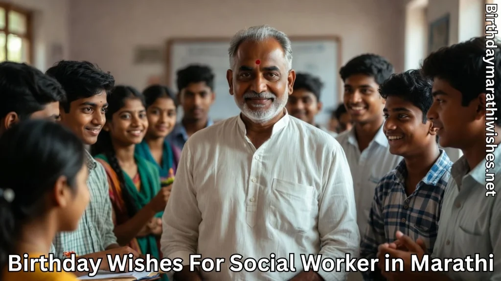 Man surrounded by students and birthday wishes for social worker in Marathi text