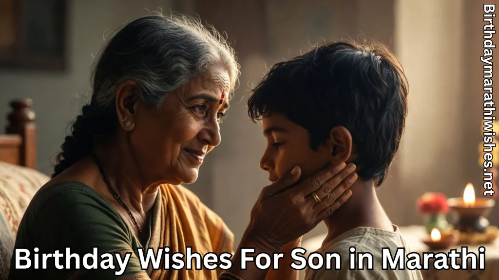 Mother blessing boy with love and birthday wishes for son in Marathi text