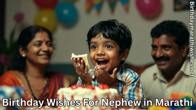 Nephew enjoying cake with family and birthday wishes for nephew in Marathi text
