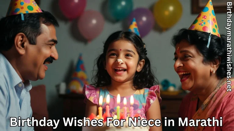 Niece smiling with uncle and aunt at party with birthday wishes for niece in Marathi text