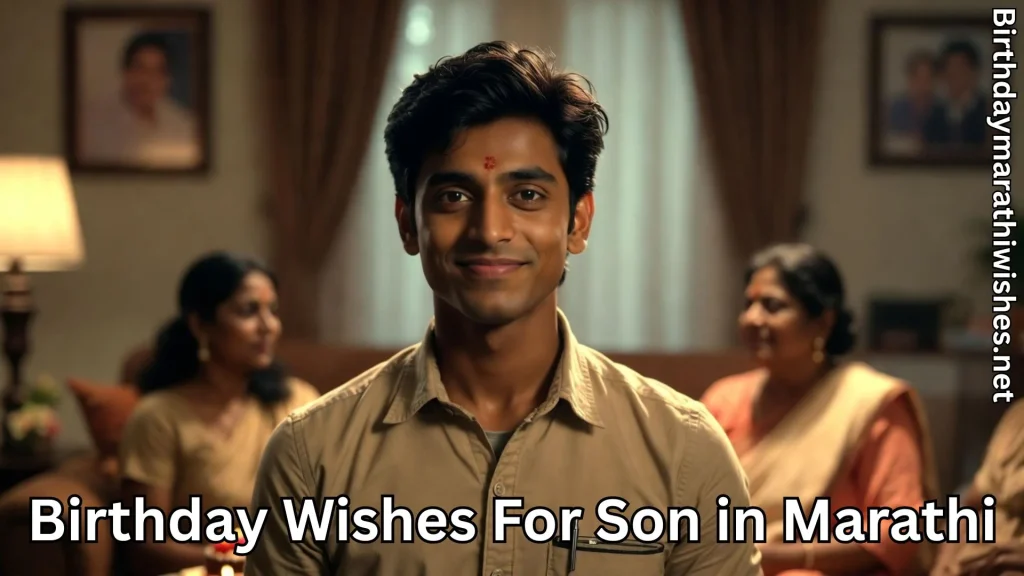 Parents smiling behind grown son and birthday wishes for son in Marathi text