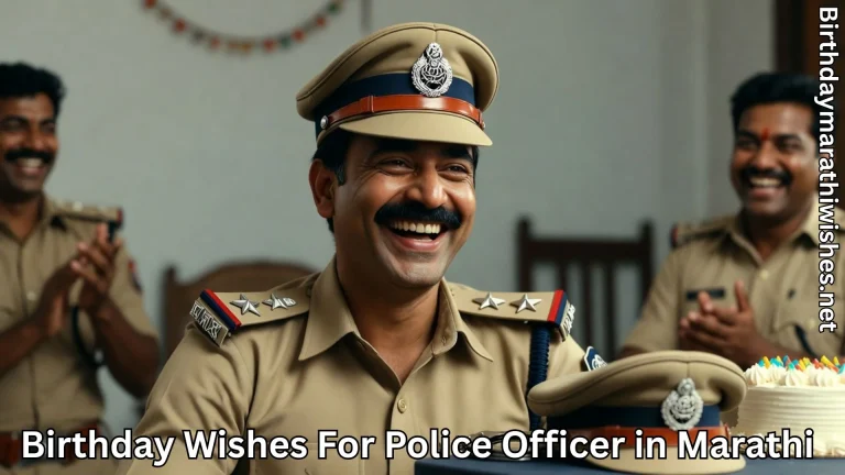 Police officer laughing with team and birthday wishes for police officer in Marathi text