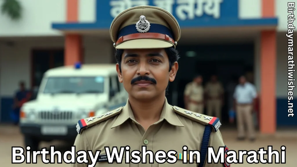 Police officer standing confidently outside station on birthday celebration day