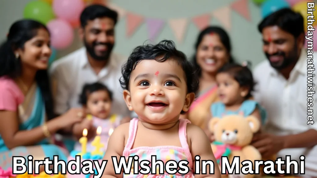 Smiling baby celebrating birthday with family and birthday wishes in marathi text