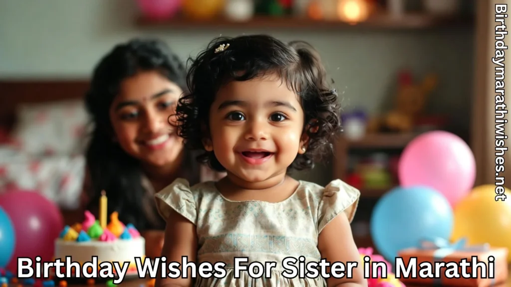 Smiling baby girl with birthday cake and sister celebrating at home
