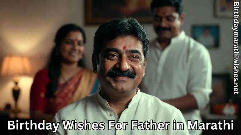 Smiling father with family behind him and birthday wishes for father in Marathi text