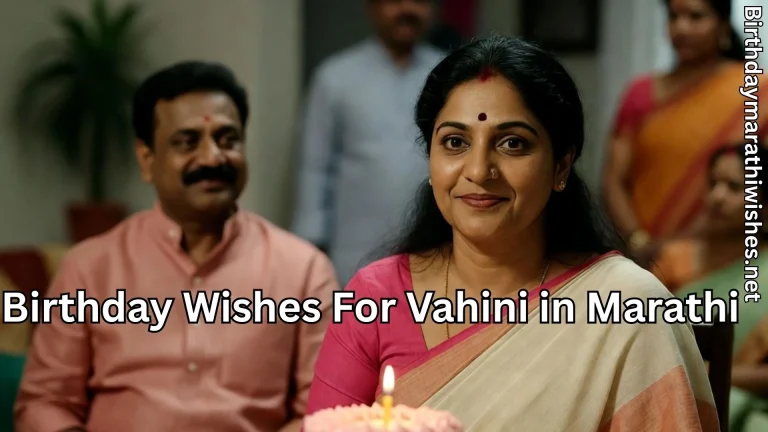 Smiling vahini holding birthday cake and birthday wishes for vahini in Marathi text