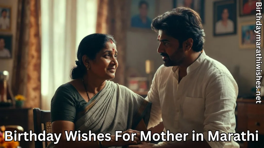 Son holding mother hands with love and birthday wishes for mother in Marathi text