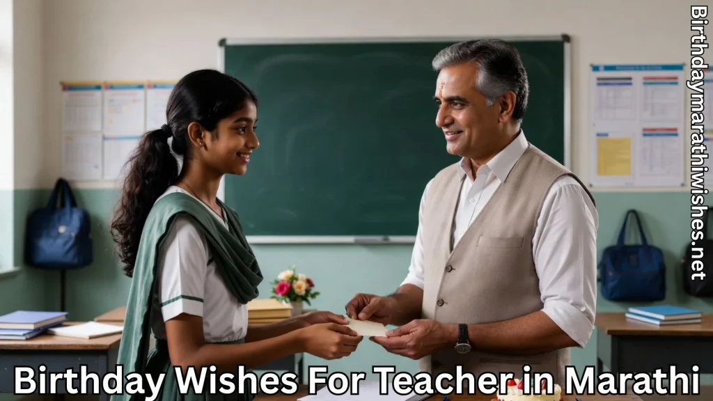 Student presenting card to teacher during classroom birthday celebration