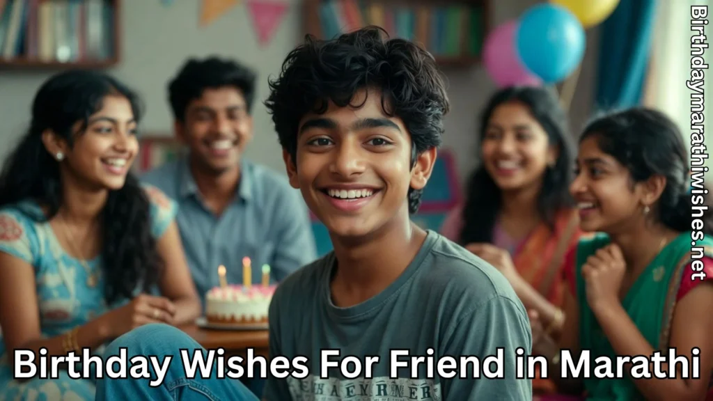 Teenage boy smiling at camera while friends celebrate his birthday behind him