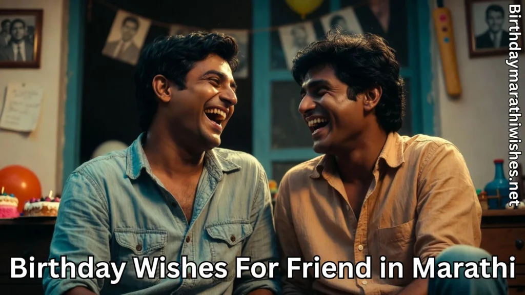 Two close friends laughing together during a warm birthday celebration at home