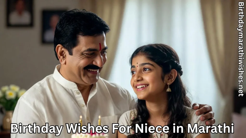 Uncle proudly hugging niece at home and birthday wishes for niece in Marathi text