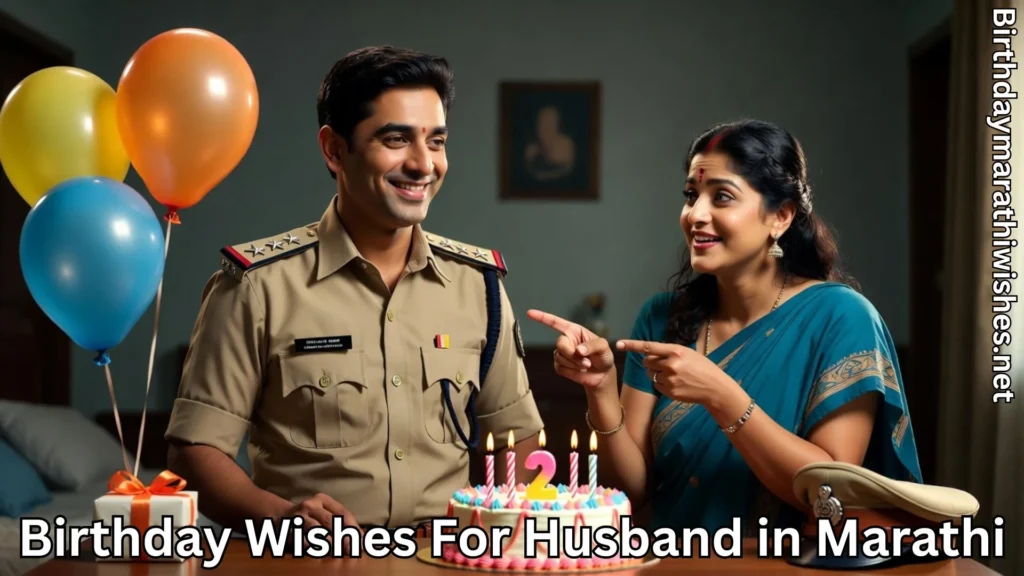 Wife surprising husband with cake and birthday wishes for husband in Marathi text