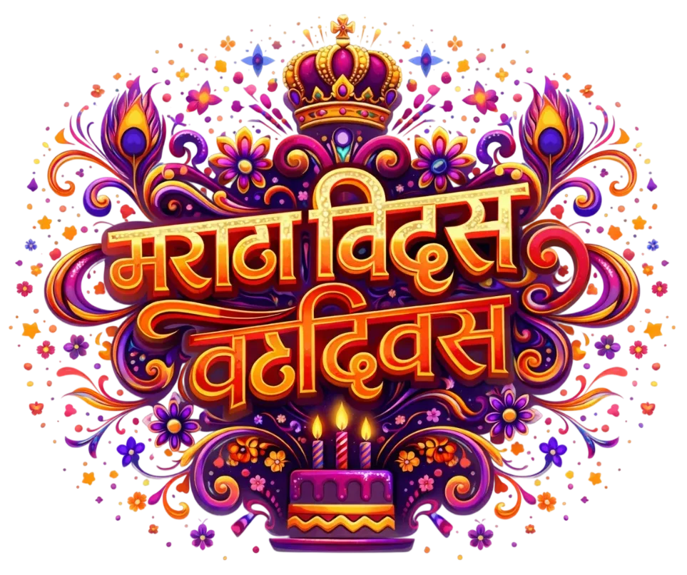 Colorful birthday wishes in marathi design with cake, crown, and floral art