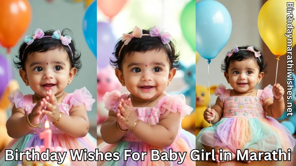 Baby girl in colorful dress with balloons and birthday wishes for baby girl in marathi text