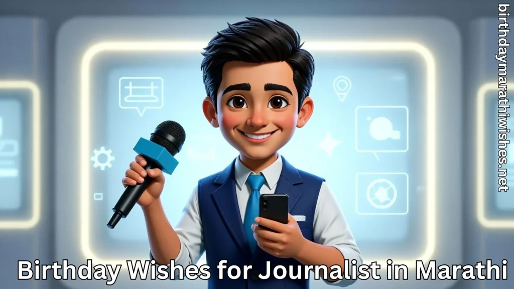Cute animated reporter holding mic with birthday wishes for journalist in marathi