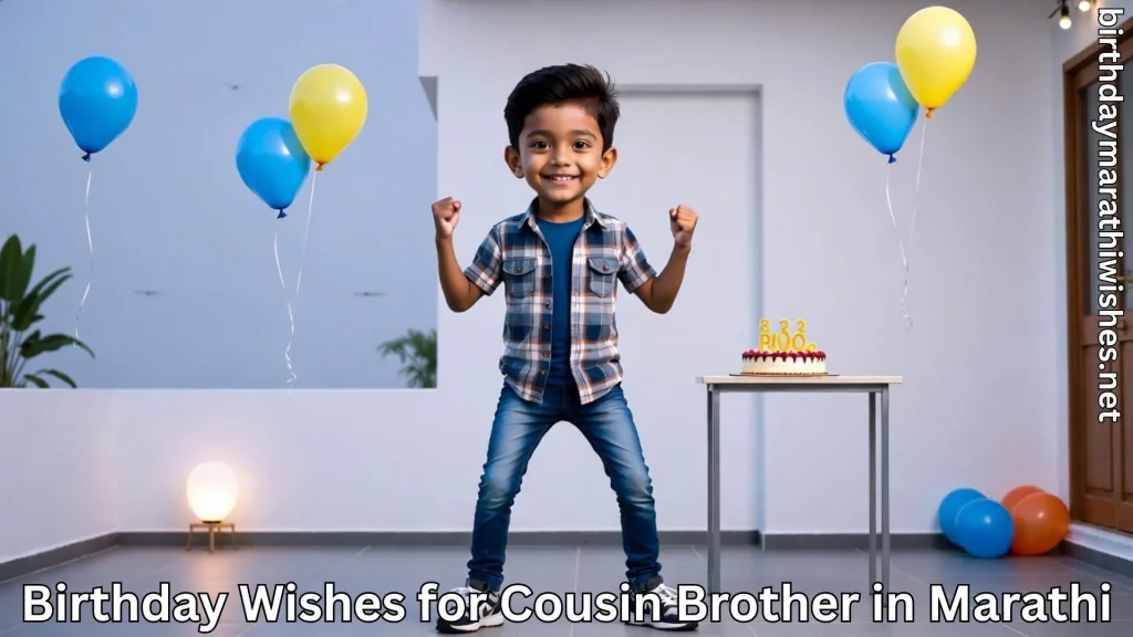 Cute boy celebrating birthday with balloons and cake at home