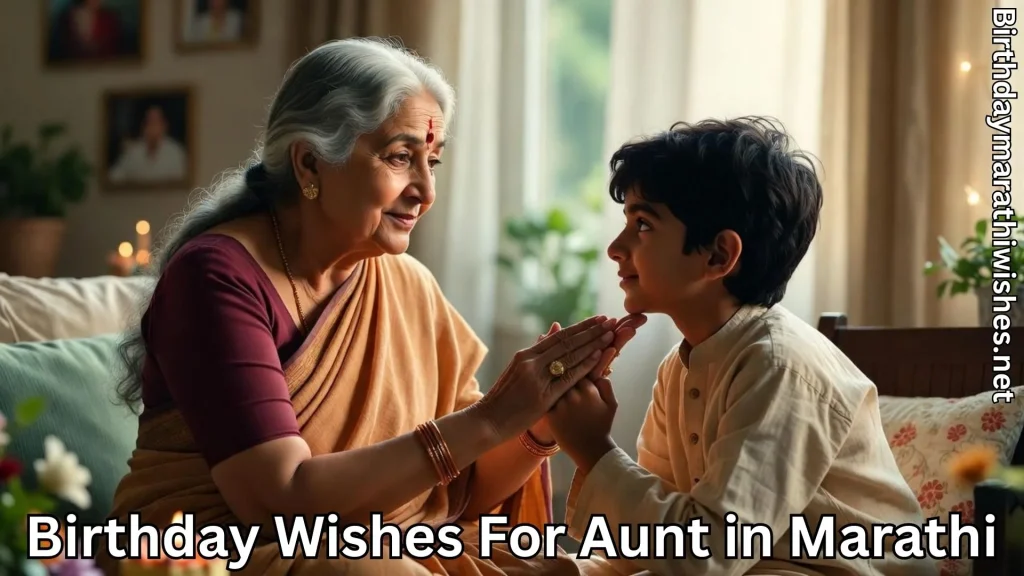 Elder aunt blessing young boy indoors with traditional Marathi family warmth
