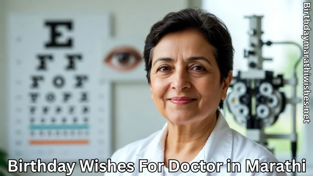 Female doctor smiling in clinic with eye test chart and medical equipment