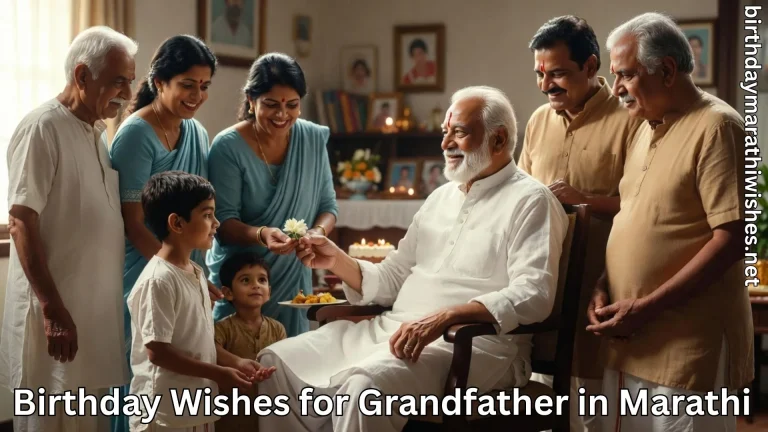 Grandfather with family celebration with birthday wishes for grandfather in marathi text