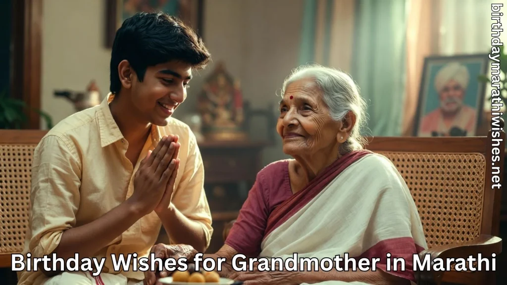 Grandson greeting grandmother with namaskar and sweets at home