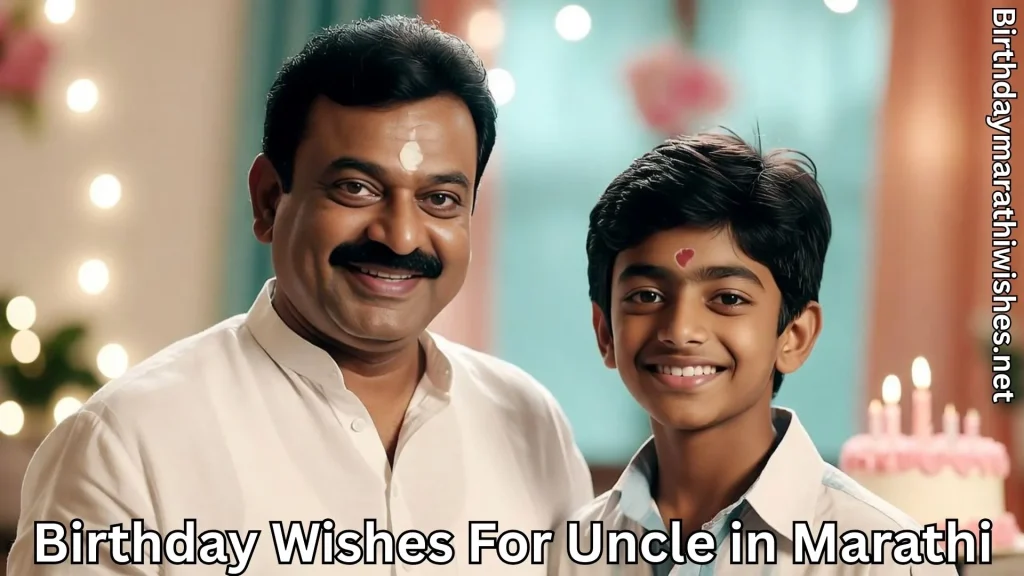 Happy uncle with nephew near cake and birthday wishes for uncle in marathi text