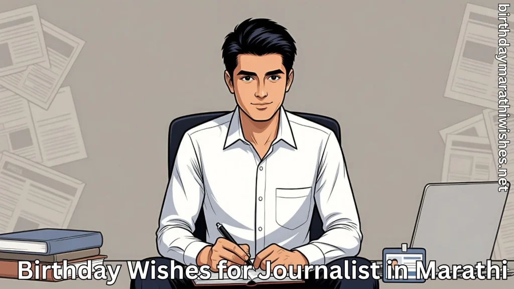 Illustrated journalist writing news at desk with papers and laptop