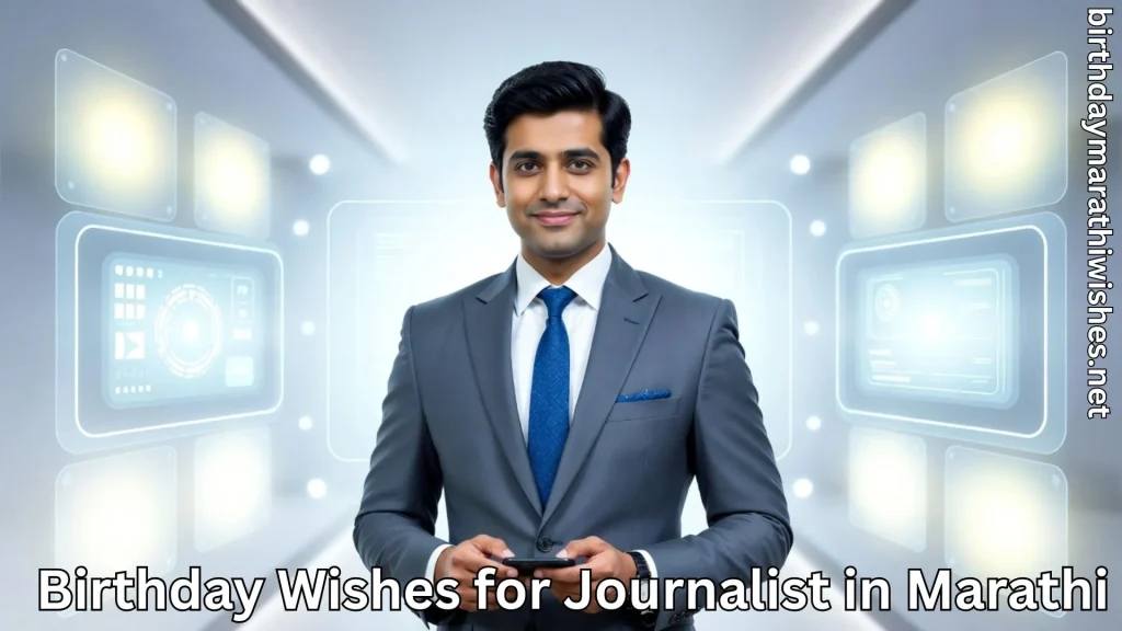 Journalist smiling in studio with birthday wishes for journalist in marathi text
