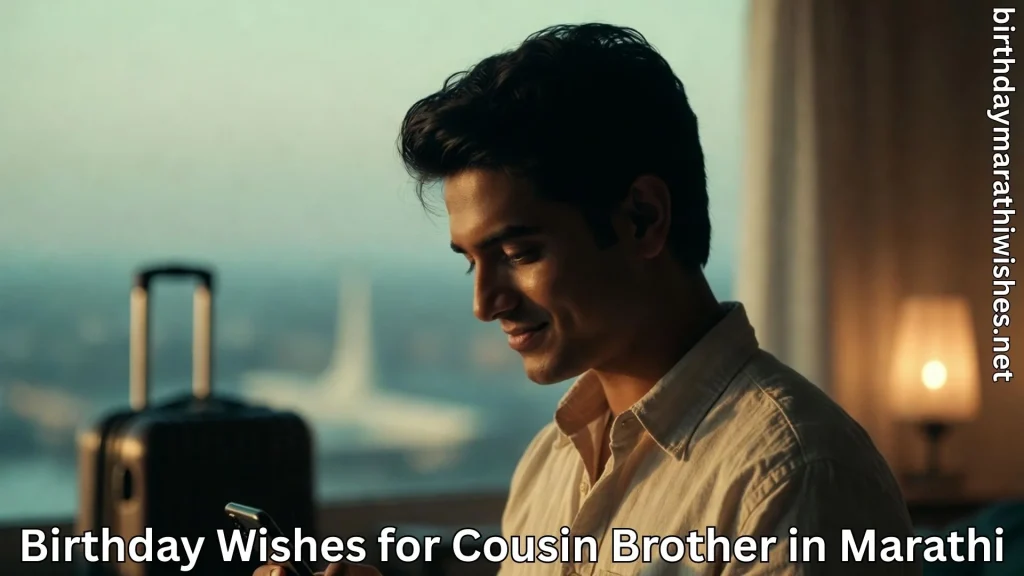 Man smiling while reading birthday wishes for cousin brother in marathi text