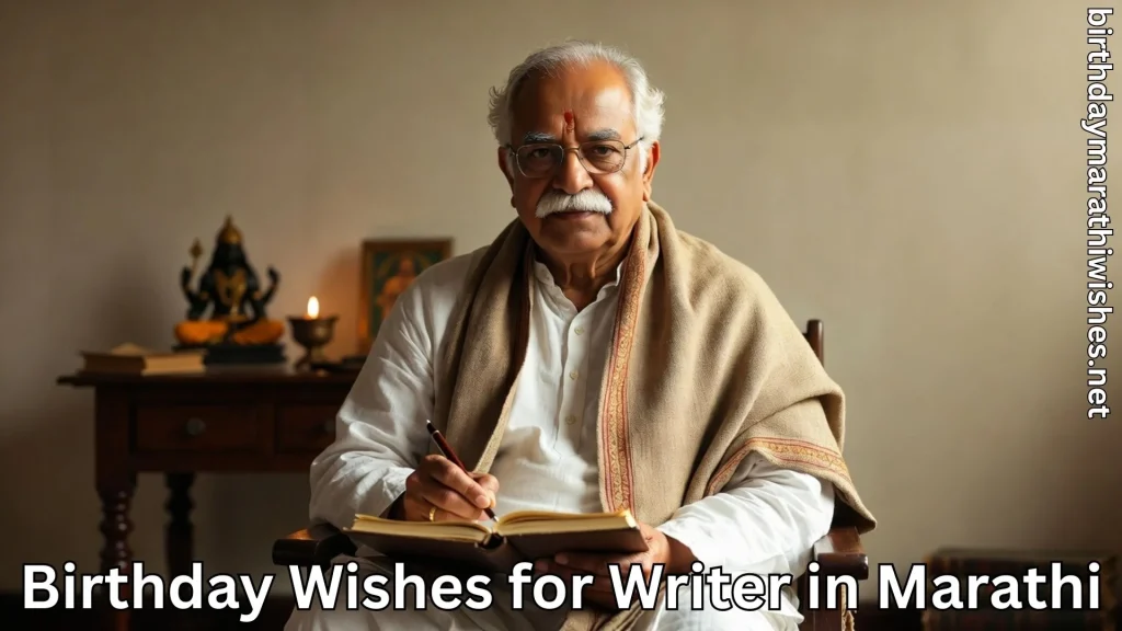 Marathi writer writing peacefully with birthday wishes for writers in marathi text