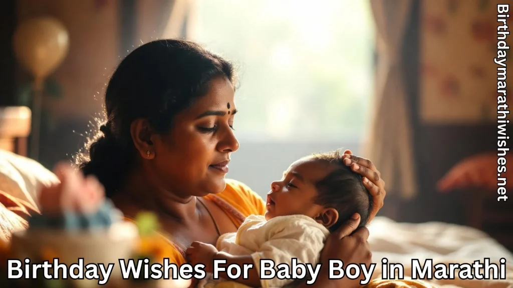 Mother lovingly holding newborn baby boy and birthday wishes for baby boy in marathi text