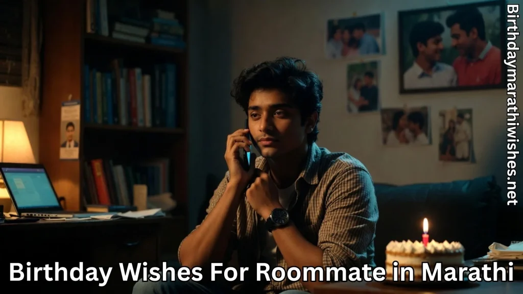 Roommate talking on phone near cake at night and birthday wishes for roommate in marathi text