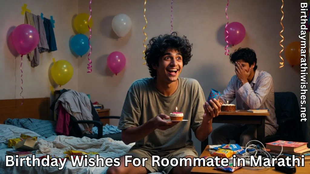 Roommate with cupcake at surprise party and birthday wishes for roommate in marathi text