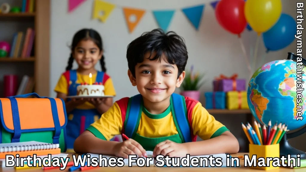 Schoolboy celebrating birthday in class and birthday wishes for students in marathi text