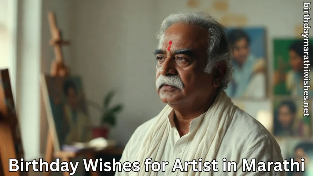 Senior painter portrait in studio with birthday wishes for artist in marathi text