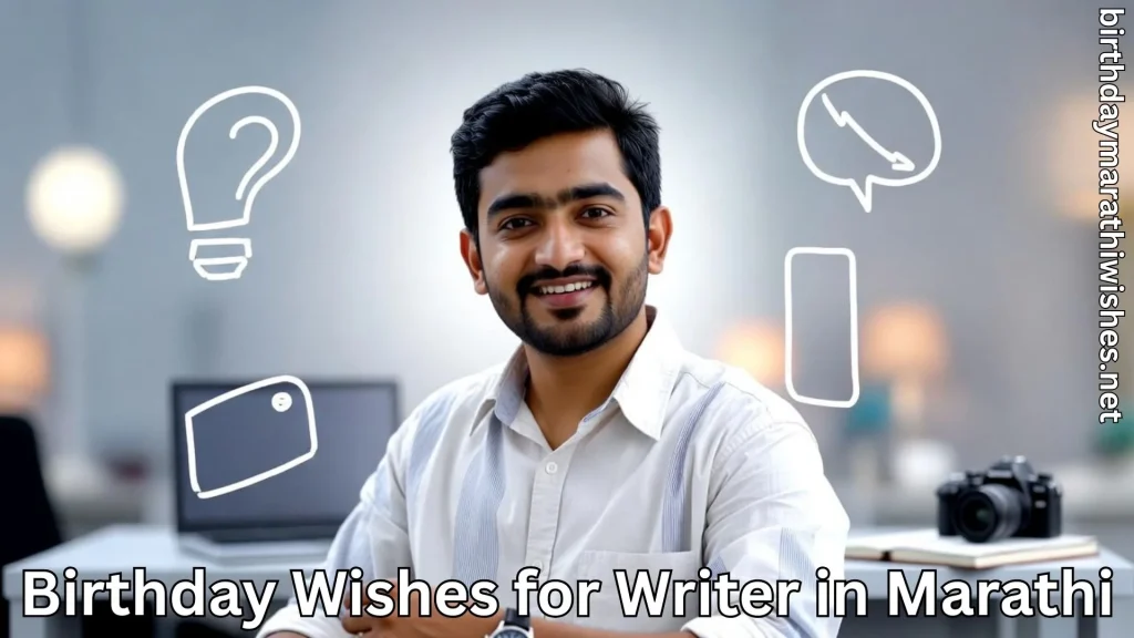 Smiling content writer at office desk with birthday wishes for writers in marathi text