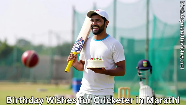 Smiling cricketer celebrating with cake and birthday wishes for crickter in marathi