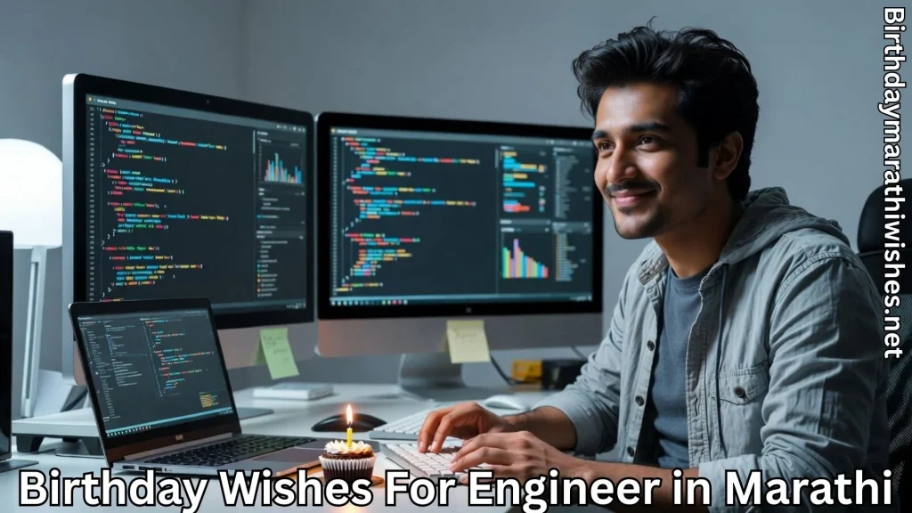 Software engineer coding with cupcake and birthday wishes for engineer in Marathi text